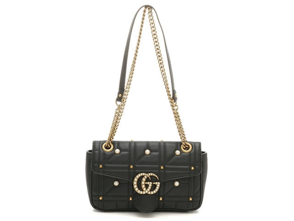 Gucci GG Marmont Pearl Studded Shoulder Bag Leather Black